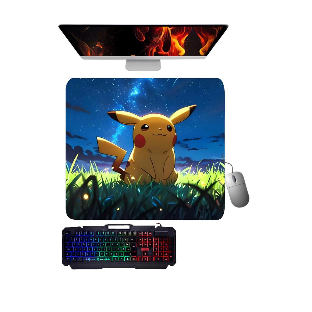 Mouse Pad gamer Pikachu um céu noturno estrelado.